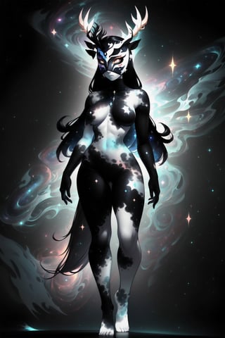 solo, tall, mature, long hair, simple background, gloves, animal ears, full body, (black skin), grey background, glowing, no pupils, starry sky print, (white elk mask:1.2), white horns, (black celestial clothes:1.2), dinamic photo, mystic, 3d render, unreal engine,Celestial Skin,