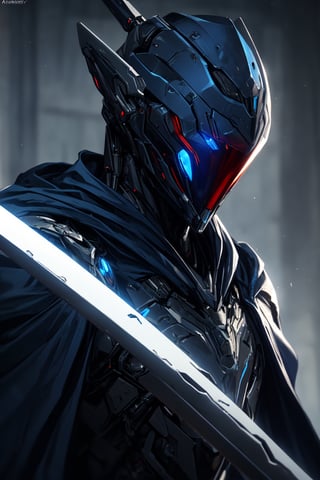 (masterpiece, best quality) extremely detailed, intricately detailed, ((portrait)), 1_boy, ((robot, wizard,assasin)), (Steel smooth armor, dark blue trim, cloth attachments, blue cloak), minimalist helmet, glowing eyes, chiaroscuro lighting, ray tracing, polished, high resolution, volumetric lightning, ,WARFRAME,medieval armor,robot