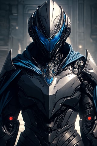 (masterpiece, best quality) extremely detailed, intricately detailed, ((portrait)), 1_boy, ((robot, wizard,assasin)), (Steel smooth armor, dark blue trim, cloth attachments, blue cloak), minimalist helmet, glowing eyes, chiaroscuro lighting, ray tracing, polished, high resolution, volumetric lightning, ,WARFRAME,medieval armor,robot