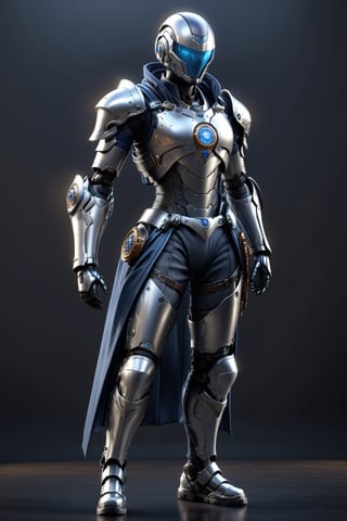 (masterpiece, best quality) extremely detailed, intricately detailed, ((portrait)), (1 robot, slim body) , (artificer, assasin), ((light) streampunk silver armor under clothes, dark blue trim, cloth attachments, blue cloak), lightning gem, 27yo, fit, chiaroscuro lighting, ray tracing, polished, high resolution, volumetric lightning, simple background,medieval armor, robot armor, Lenny, outline, reflexive helmet,ParallelObserver,white body