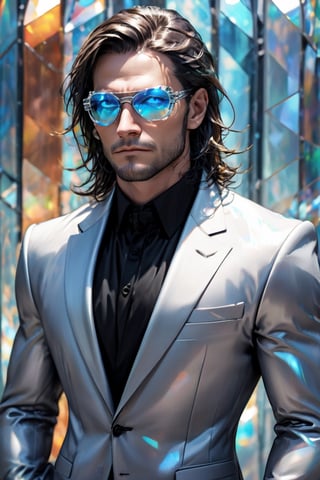 1man calcasian, masculine, mesomorph body type, swiped medium long hair, (lenny:1.2), using a abstract crystalline futuristic sports glasses covering the eyes made of solid transparent glass, expensive suit made of (stained glass) , realistic, (bokeh), detailed, illuminated, 3d render, unreal engine, HDR 