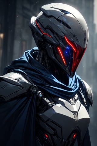 (masterpiece, best quality) extremely detailed, intricately detailed, ((portrait)), 1_boy, ((robot, wizard,assasin)), (Steel smooth armor, dark blue trim, cloth attachments, blue cloak), minimalist helmet, glowing eyes, chiaroscuro lighting, ray tracing, polished, high resolution, volumetric lightning, ,WARFRAME,medieval armor,robot