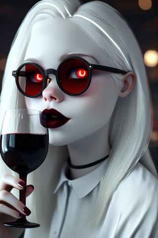 Mavelle, 1girl, pale skin, glowing eyes, round glasses, white hair, wine lipstick, detailed, 4k, hd, unreal engine, 3d render, realistic
