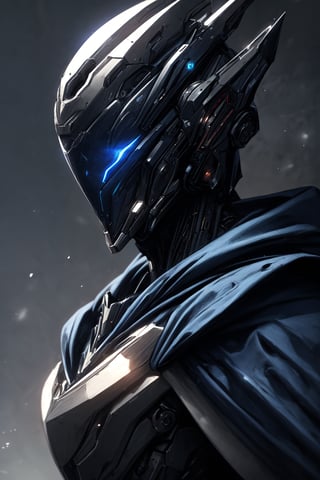 (masterpiece, best quality) extremely detailed, intricately detailed, ((portrait)), 1_boy, ((robot, wizard,assasin)), (Steel smooth armor, dark blue trim, cloth attachments, blue cloak), minimalist helmet, glowing eyes, chiaroscuro lighting, ray tracing, polished, high resolution, volumetric lightning, ,WARFRAME,medieval armor,robot