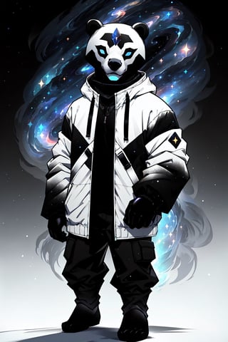 solo_male, strong, muscular, solo, (slim), simple background, gloves, animal ears, full body, (black skin), grey background, glowing, no pupils, (human_lip), starry sky print, (white bear mask:1.2), sleek mask, 1 mask, (black celestial winter clothes:1.2), turtleneck, cargo pants, dinamic photo, mystic, 3d render, unreal engine,Celestial Skin,