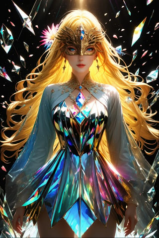 1girl, golden yellow hair, (strait hair), (blue eyes), ranbow red fantasy-inspired mirrored glass shards expensive clothes, long cut neckline, eye-covering mask, crystal, petals falling, Broken Glass effect, no background, stunning, something that even doesn't exist, mythical being, energy, textures, iridescent and luminescent shards, divine presence, cowboy shot, Volumetric light, auras, rays, vivid colors reflects, Broken Glass effect, eyes shoot, oil paint, male focus, 3d render, digital art, realistic