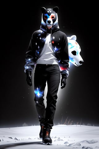 solo_male, strong, solo, (slim), simple background, gloves, animal ears, full body, (black skin), grey background, glowing, no pupils, (human_lip), starry sky print, (white bear mask:1.2), sleek mask, 1 mask, (black celestial winter clothes:1.2), turtleneck, cargo pants, dinamic photo, mystic, 3d render, unreal engine,Celestial Skin,
