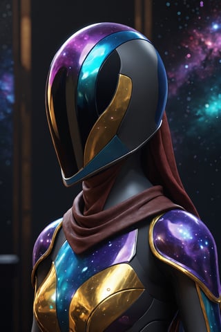 ParallelObserver, (colorgalaxy reflected on a reflexive helmet), metalic rim detailed helmet, 1girl, (leather long coat), scarf, [Renaissance themed], fantasy, front-view, upperbody, detailed, 3d render, unreal engine, colorgalaxy,disney pixar style