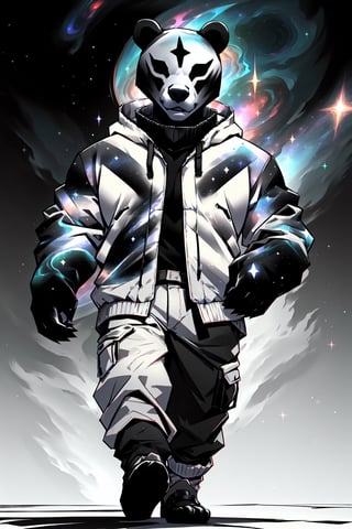 solo_male, strong, muscular, solo, (slim), simple background, gloves, animal ears, full body, (black skin), grey background, glowing, no pupils, (human_lip), starry sky print, (white bear mask:1.2), sleek mask, 1 mask, (black celestial winter clothes:1.2), turtleneck, cargo pants, dinamic photo, mystic, 3d render, unreal engine,Celestial Skin,