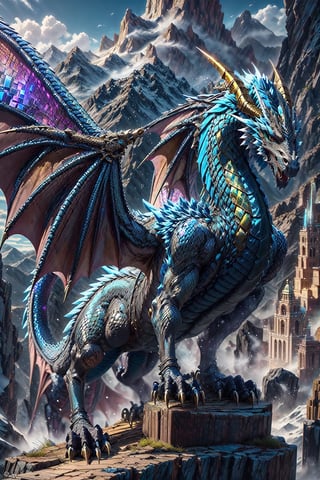 {{Silver dragon with obisidian black horns on the mountain}}, Look from a distance, More Detail, fierce white wings, proud, bismuth4rmor, Dragon