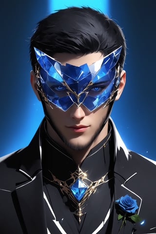 sole_male, (clear crystal visor mask), broken glass formal suit, SalomanElfric, white skin, (blue eyes), short black hair swiped back, [goatee], [sideburns] , masterpiece, digital art, award winner, serene, bright colors, octane, 3d render, realistic, shards,Gold Edged Black Rose,