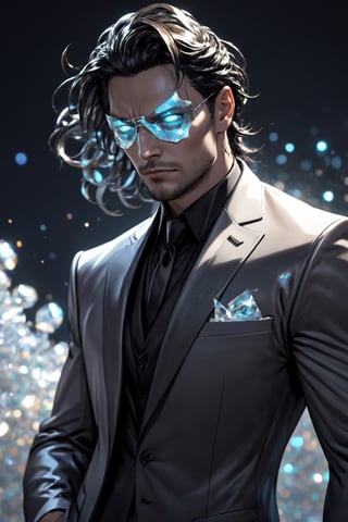 1man calcasian, masculine, mesomorph body type, swiped medium hair, (lenny:1.2), using a half-mask covering the eyes made of transparent glass, one piece formal wear made of shards of glass, realistic, (bokeh), detailed, illuminated, 3d render, unreal engine, HD, 4k