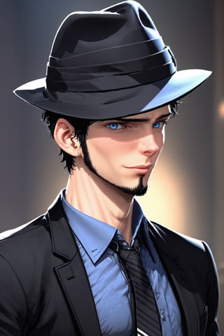 SalomanElfric, 27yo, solo, short hair, blue eyes, shirt, black hair, sole_male, fedora hat, jacket, upper body, male focus, necktie, black jacket, black headwear, (facial hair,sideburns, goatee:1.3), formal, suit, mature male, cartoon, unreal engine