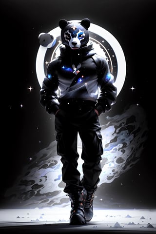 solo_male, strong, muscular, solo, (slim), simple background, gloves, animal ears, full body, (black skin), grey background, glowing, no pupils, (human_lip), starry sky print, (white bear mask:1.2), sleek mask, 1 mask, (black celestial winter clothes:1.2), turtleneck, cargo pants, dinamic photo, mystic, 3d render, unreal engine,Celestial Skin,