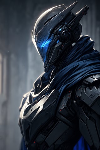 (masterpiece, best quality) extremely detailed, intricately detailed, ((portrait)), 1_boy, ((robot, wizard,assasin)), (Steel smooth armor, dark blue trim, cloth attachments, blue cloak), minimalist helmet, glowing eyes, chiaroscuro lighting, ray tracing, polished, high resolution, volumetric lightning, ,WARFRAME,medieval armor,robot