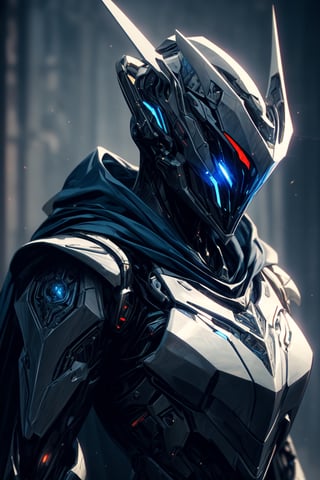 (masterpiece, best quality) extremely detailed, intricately detailed, ((portrait)), 1_boy, ((robot, wizard,assasin)), (Steel smooth armor, dark blue trim, cloth attachments, blue cloak), minimalist helmet, glowing eyes, chiaroscuro lighting, ray tracing, polished, high resolution, volumetric lightning, ,WARFRAME,medieval armor,robot