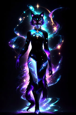 1girl, solo, (slim), simple background, gloves, animal ears, full body, (black skin), grey background, glowing, no pupils, (human_lip), starry sky print, (purple wolf mask:1.2), sleek mask, 1 mask, (black celestial Ao Dai:1.2), dinamic photo, mystic, 3d render, unreal engine, Celestial Skin,