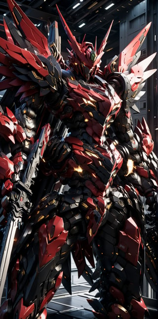 Complex character design puts Sazabi (Gundam) in battle-ready condition, ready to take on a horde of terrifying monsters. The design exudes an aura of aggression and determination, with its transformable appearance and black and red color scheme highlighting Sazabi’s resilience and unwavering fighting spirit.