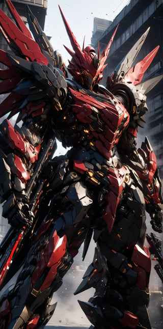 Complex character design puts Sazabi (Gundam) in battle-ready condition, ready to take on a horde of terrifying monsters. The design exudes an aura of aggression and determination, with its transformable appearance and black and red color scheme highlighting Sazabi’s resilience and unwavering fighting spirit.
