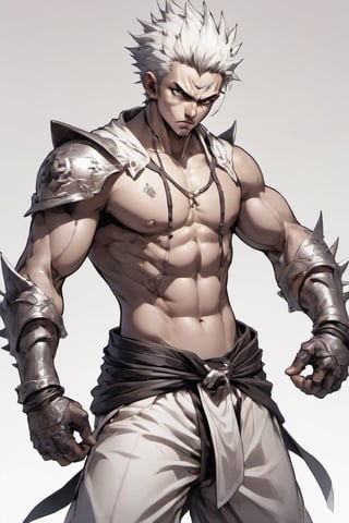 anime style, handsome martial artist male, short spiky hair, very tall, martial arts headband, dnd monk, angry face yelling, wearing open shirt. fit body six pack, wearing iron gauntlets, monochrome, white background, monochrome, white background,nestskyo