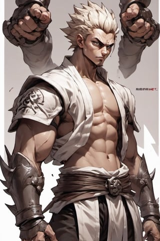 anime style, handsome martial artist male, short spiky hair, very tall, martial arts headband, dnd monk, angry face yelling, wearing open shirt. fit body six pack, wearing iron gauntlets, monochrome, white background, monochrome, white background,nestskyo