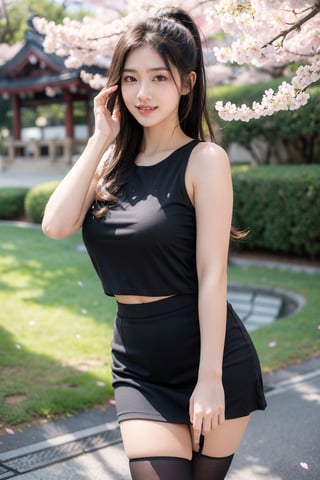 1 Japanese girl, sweet face, plump figure, plump big breasts, charming eyes, looking at the whole audience, {beautiful and delicate eyes}, smiling from the corners of her eyes, ((nervous and embarrassed)), sexy lips, exquisite facial features , ((model pose)), attractive body shape, (dark hair: 1.2), long ponytail, curly hair, sexy work clothes (transparent top, black mini skirt, black transparent stockings), Japanese style temple, spring morning, cherry blossoms Under the tree, (Cherry blossom petals scattered), fine lines, masterpiece, best quality, natural soft light realistic, super detailed, fine, high resolution, sharp focus, glowing forehead, perfect shadows, high resolution, lifelike, Perfect