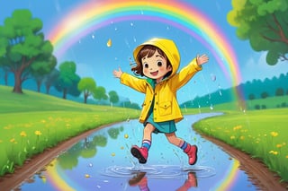 A sweet and joyful little girl wearing a bright yellow rain jacket, playfully splashing in puddles on a pastoral country road after a rain shower, with a vibrant rainbow arcing across the clearing skies above lush green fields and trees in the background, capturing a sense of childhood wonder and happiness in nature's simple pleasures,doodle