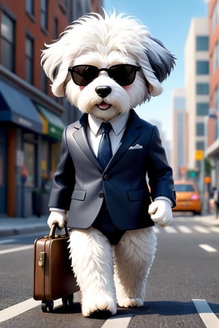 Cute Old English Sheepdog who plays human, Wear a suit, sunglasses, and carry a briefcase,Create a characterset of stunning 3D chibi style character in detailed full body, highly detailed, vibrant, ultra high quality, Hyperrealism, Photorealism, [octane render],Walking on the city road