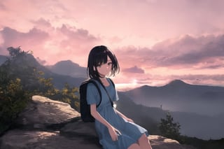 A smiling 20-year-old Asian woman reached the top of the mountain and sat on a rock, looking eastward, waiting for the sun to rise and the sky to begin to glow. She is wearing a light blue dress with a small black backpack next to her