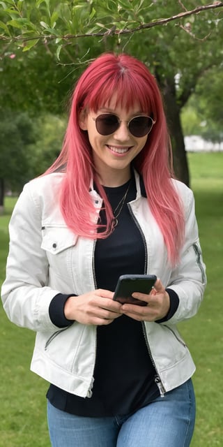 solo, looking at viewer, smile, long hair, bangs, pink hair, shirt, 1girl, red eyes, jacket, white shirt, upper body, female focus, outdoors, day, grin, open jacket, tree, phone, sunglasses, cellphone, grass, smartphone,  jacket, hands in pockets, phone screen