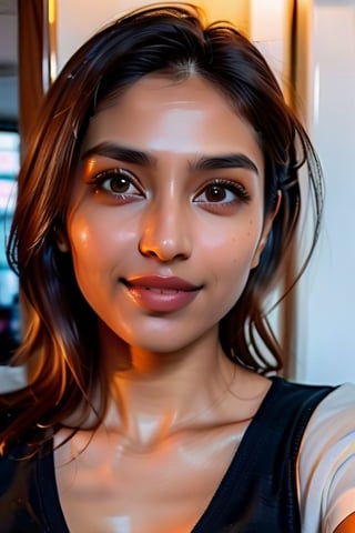 (taking a selfie) (right half of the body) potrait picture ) ( 35 years old brown indian woman )(feminen) { realistic body) { brown eyes detailed realistic) (  wearing thin white shirt without bra  Leave  top buttons undone and black latex shorts ) ( really detailed and beautiful eyes) {photorealistic) ( thing lips with horny smile),aw0k euphoric style