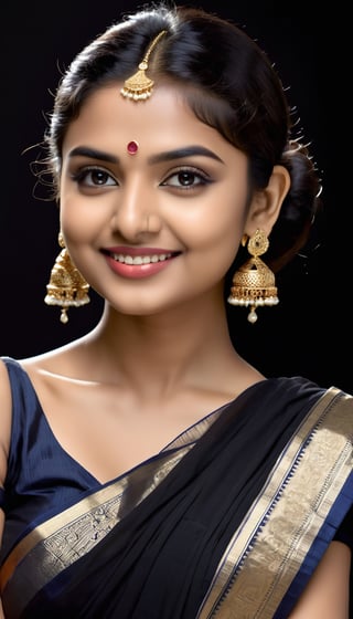 indian woman, a girl posing in photo studio,23yo,black bobcut,jewelry, earrings, detailed exquisite face,symmetric face,hourglass figure,wearing black transparent saree,looking at viewer, detailed soft skin ,confident smile,(masterpiece,best quality,ultra-detailed,16K:1.3)