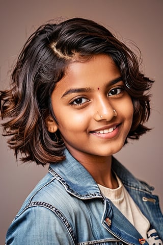 1girl, indian woman, 13 year old.,with neo wave haircut,cute pose, cute expression looking at the camera,