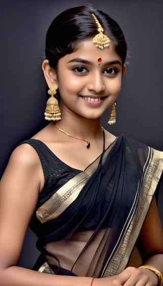 indian woman, a girl posing in photo studio,13yo,black bobcut,jewelry, earrings, detailed exquisite face,symmetric face,hourglass figure,wearing black transparent saree,looking at viewer, detailed soft skin ,confident smile,(masterpiece,best quality,ultra-detailed,16K:1.3)