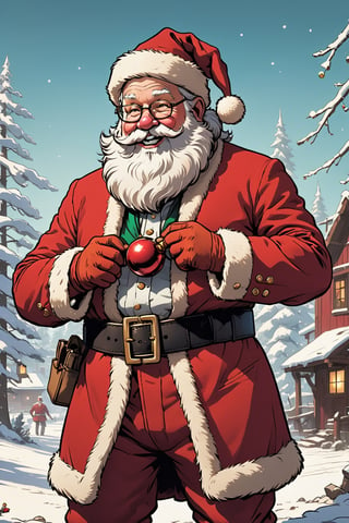 The portrait of Santa Claus stands at the center of the frame, exuding the timeless charm of the holiday season. His iconic red suit is adorned with fluffy white fur trim, perfectly contrasting the bold shade of crimson. The coat, fastened with a thick black belt and a polished golden buckle, cinches around his rotund belly. The suit's cuffs peek out from underneath a pair of immaculate, snow-white gloves that he wears with a jolly demeanor.

Santa's robust, rosy cheeks are framed by a well-groomed, snowy white beard that cascades down to his chest. His friendly, twinkling eyes, framed by round spectacles, radiate warmth and merriment. A cherry-red nose adds a playful touch to his cheerful countenance.

Upon Santa's head rests a plush, fur-trimmed hat, matching the ensemble, with a fluffy white pom-pom hanging delicately at the tip. The hat sits jauntily atop his head, completing the quintessential look of the beloved gift-giver.

In one hand, Santa holds a carefully wrapped present, adorned with festive paper and a perfectly tied bow. The other hand, raised in a gesture of merriment, holds a sleigh bell that chimes with the joyful sound of the holiday spirit.

high details, ultra HD, 8k, high resolution,
3d 
