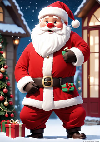 Santa Claus stands at the center of the frame, exuding the timeless charm of the holiday season. His iconic red suit is adorned with fluffy white fur trim, perfectly contrasting the bold shade of crimson. The coat, fastened with a thick black belt and a polished golden buckle, cinches around his rotund belly. The suit's cuffs peek out from underneath a pair of immaculate, snow-white gloves that he wears with a jolly demeanor.

Santa's robust, rosy cheeks are framed by a well-groomed, snowy white beard that cascades down to his chest. His friendly, twinkling eyes, framed by round spectacles, radiate warmth and merriment. A cherry-red nose adds a playful touch to his cheerful countenance.

Upon Santa's head rests a plush, fur-trimmed hat, matching the ensemble, with a fluffy white pom-pom hanging delicately at the tip. The hat sits jauntily atop his head, completing the quintessential look of the beloved gift-giver.

In one hand, Santa holds a carefully wrapped present, adorned with festive paper and a perfectly tied bow. The other hand, raised in a gesture of merriment, holds a sleigh bell that chimes with the joyful sound of the holiday spirit.

This detailed image prompt of Santa Claus captures the classic and heartwarming essence of the beloved character, ready to bring joy and gifts to all.

Ethereal fantasy concept art realistic-realistic-looking male white bear dressed in red and white color wool blazer, neckline sweater, tailored jeans, dress boots, holding (large Christmas gift) with text ("RED TEAM":1.2), looking at the gift, surprised-happy smile, Perfect hands, solo, Pointing pose, in hangar, (indoors), (full body), Dutch angle , Vanity light, intense shadows, depth of field, (SFW)    , magnificent, celestial, ethereal, picturesque, epic, majestic, magical, fantasy, cover art, dreamy