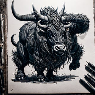 In the moody darkness, a brooding Gothic mythological minotaur stands tall, its muscular body and bull-like head covered in dense, shadowy fur. The concept art line art portrays this creature as a black and white ink drawing, capturing the minotaur's essence with intricate details. The artist's skill is evident in the contrasting lines and intricate crosshatching, creating a hauntingly beautiful image. The minotaur's eyes pierce through the page, filled with a blend of ancient wisdom and melancholic longing. This evocative depiction invites viewers to delve into the enigmatic world of this mythical creature.