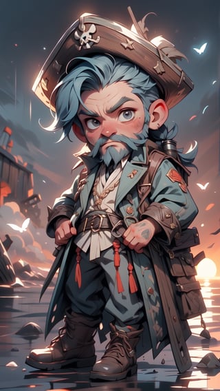As the sun sets on the horizon, Joshamee Gibbs stands on the deck of the pirate ship, his sturdy, stocky frame silhouetted against the fading light. His weathered face and lined features bear the marks of a life lived on the edge, while his bushy, gray-streaked beard adds to his rugged appearance. Clad in practical and utilitarian attire suited for life aboard a pirate ship, Gibbs wears a worn, dark-colored coat adorned with patches and repairs, each one a testament to a harrowing adventure at sea. His simple, collared shirt, slightly rumpled from days at sea, speaks to the practical nature of his existence. Sturdy trousers, tucked into sturdy leather boots, complete his ensemble, ready for any challenge the sea may bring. Atop his head sits a weather-beaten tricorn hat, its tattered edges fluttering in the ocean breeze, a constant reminder of the untamed wilderness that lies beyond the horizon.