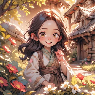 Cinematic art piece featuring Rosie Cotton in a picturesque Hobbiton garden. The setting is adorned with colorful flowers and the soft glow of the setting sun. Rosie, with her cheerful and kind demeanor, tends to the flowers, wearing a simple traditional hobbit attire. Her friendly smile captures the essence of her warm personality.