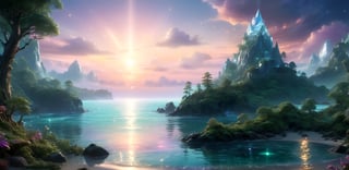 ocean,tropisl coast ,elven  fantasy art, cinema 4d, matte painting, polished, beautiful, colorful, intricate, eldritch, ethereal, vibrant, surrealism, surrealism, vray, nvdia ray tracing, cryengine, magical, 4k, 8k, masterpiece, crystal, romanticism -- Create a stunning landscape of an illuminated enchanted forest in the twilight. The painting should have a soft, ethereal lighting and vibrant pastel colors. The style should be realistic, resembling the works of Thomas Kinkade. Use oil on canvas as the medium, focusing on creating a high-definition scenic painting. in Brooding landscapes, epic scale, German myth, layered symbolic density