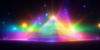 Diamond pyramid with dots shooting lights, like rays of light, rainbow colors, towards the sky, cosmic, planets and aliens, surreal sci-fi movie, 4k, black, white, 