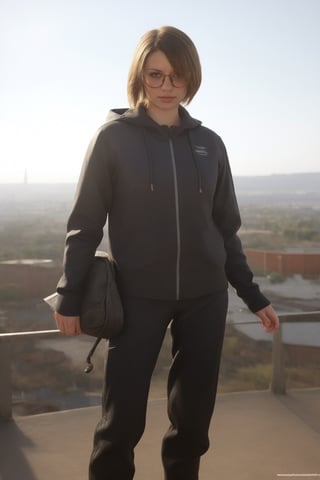 a 20 yo woman, ginger long hair, wearing glasses, dark theme, black_clothing, soothing tones, muted colors, high contrast, (natural skin texture, hyperrealism, soft light, sharp), blue, background, night background, shine, (((urban techwear))), techwear:1.4,(((prompto argentum))), ffxiv:1.4, detailed_hand:1.3