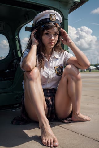 exquisite facial features,prefect face,masterpiece,best quality,official art, extremely detailed CG unity 8k wallpaper,1girl, solo, skirt,open legs brown hair, hat, sitting, sky, barefoot, cloud, uniform, english text, military, cover, aircraft, salute, airplane, vehicle focus, sailor, propeller, pilot,Masterpiece