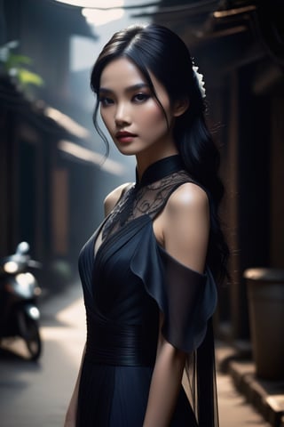 A mysterious young Vietnamese girl stands tall in a dimly lit alleyway, surrounded by shadows that accentuate the drama of her outfit. Her raven-black hair cascades down her face like a veil, while her porcelain skin glows softly in the faint light. The gothic-inspired dress billows behind her, its flowing folds emphasizing her curves as she confidently gazes directly into the camera lens, her bold dark eye makeup and subtle smoky eye adding an air of mystique.
