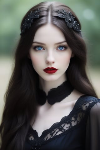 Gothic girl with very white pale skin, red lips and dark brown hair, blue eyes, she comes from Argentina and is very beautiful