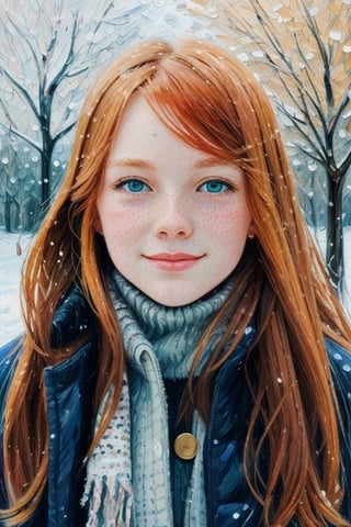 Medium portrait of a girl, Winter landscape, a perfect face, freckles, Green Eyes, redhead hair, slight smile, golden hour character portrait, visible paint strokes, Impasto, Perfect composition, (snowfall), snowy evening , ((impressionism))