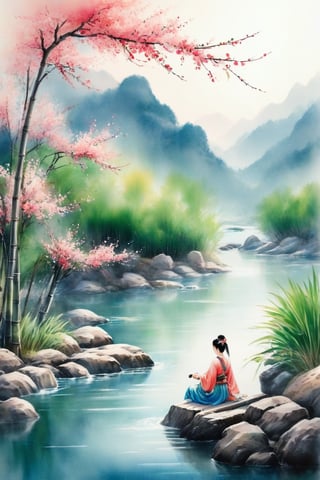 peach blossom, bamboo
((Girl)) swimming in the river
spring scenery
Chinese watercolor style,
watercolour,shuimobysim,watercolor,shuicaixiaodian,mythical clouds
