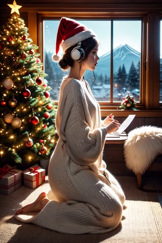 girl like to nicole kidman in a Christmas atmosphere, studying by a window in the early morning, in a style that can be either semi-realistic or anime. She is shown in profile, looking down at her homework with her right hand writing. She's wearing headphones and a Christmas hat, immersed in her music. Beside her is a Japanese Maneki-neko (lucky cat) with its left paw raised. The room has a cozy, festive ambiance. Outside the window, there's a view of Mount Fuji, a cluster of small houses, and numerous Christmas trees, capturing the essence of a Christmas morning. The image is ideal for a LOFI music background, ,Lofi style