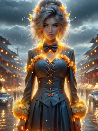 (((masterpiece))),best quality, illustration,(beautiful detailed girl),beautiful detailed glow,((flames of war)),(((nuclear explosion behide))),rain,detailed lighting,detailed water,(beautiful detailed eyes),expressionless,palace,azure hair,disheveled hair,long bangs,hairs between eyes,(whitegrey dress),black ribbon,white bowties,midriff,big forhead,blank stare,flower,long sleeves