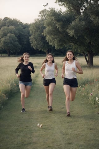 Three girls running in a meadow full of butterflies photos high resolution high texture,Masterpiece, the meadow is full of very beautiful flowers and plants